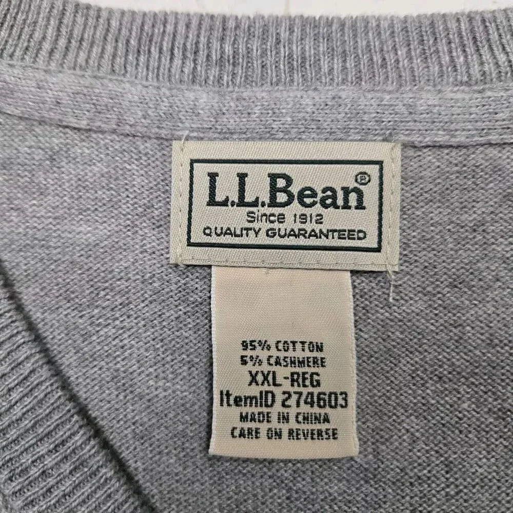 L.L. Bean XXL-Reg Cotton Cashmere Knit Pullover Sweater Men’s Gray V Neck 274603